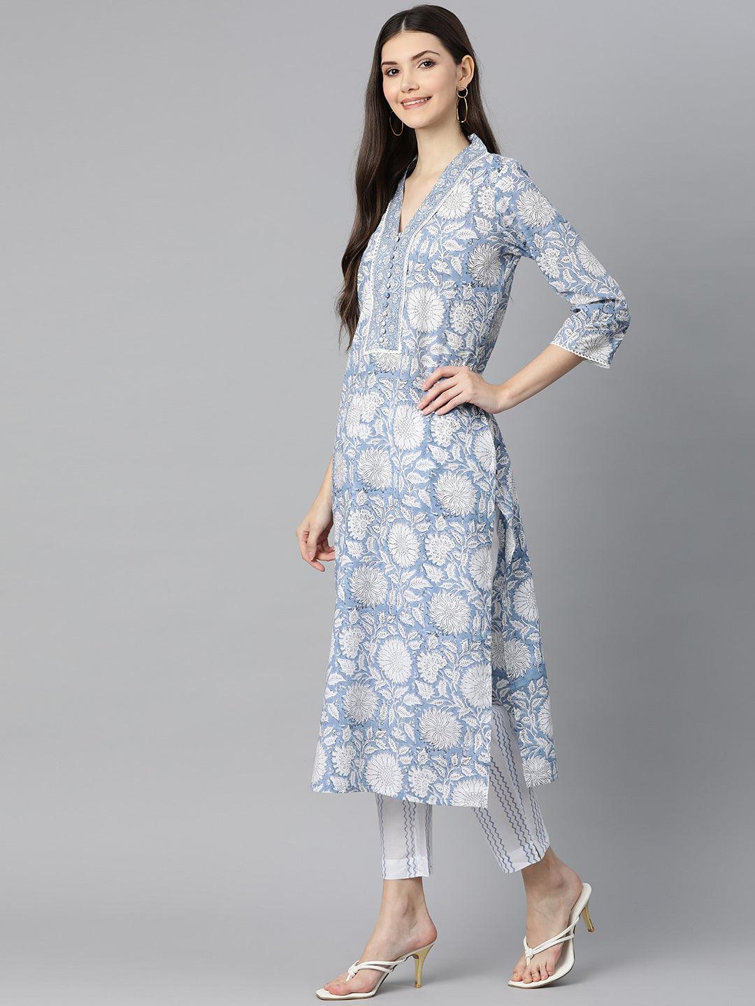 Sky-Blue-Cotton-Hand-Block-Printed-Straight-3-Piece-Kurta-Set