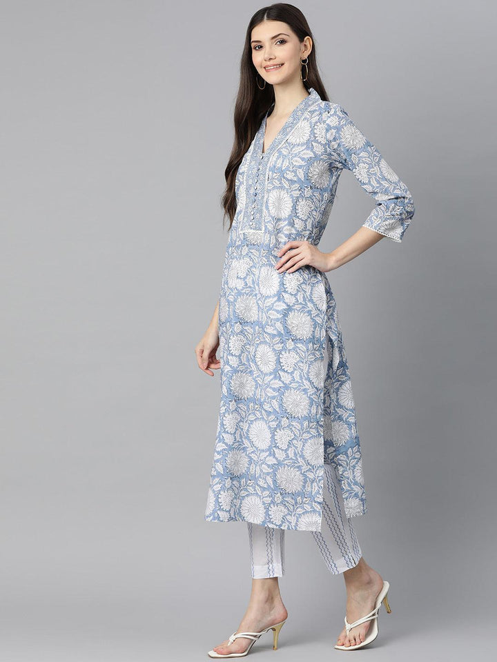 Sky-Blue-Cotton-Hand-Block-Printed-Straight-3-Piece-Kurta-Set