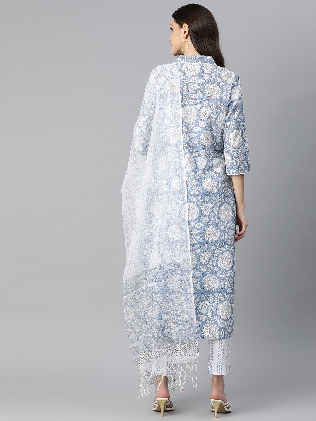 Sky-Blue-Cotton-Hand-Block-Printed-Straight-3-Piece-Kurta-Set