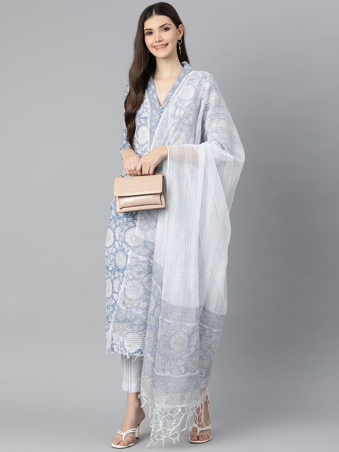 Sky-Blue-Cotton-Hand-Block-Printed-Straight-3-Piece-Kurta-Set