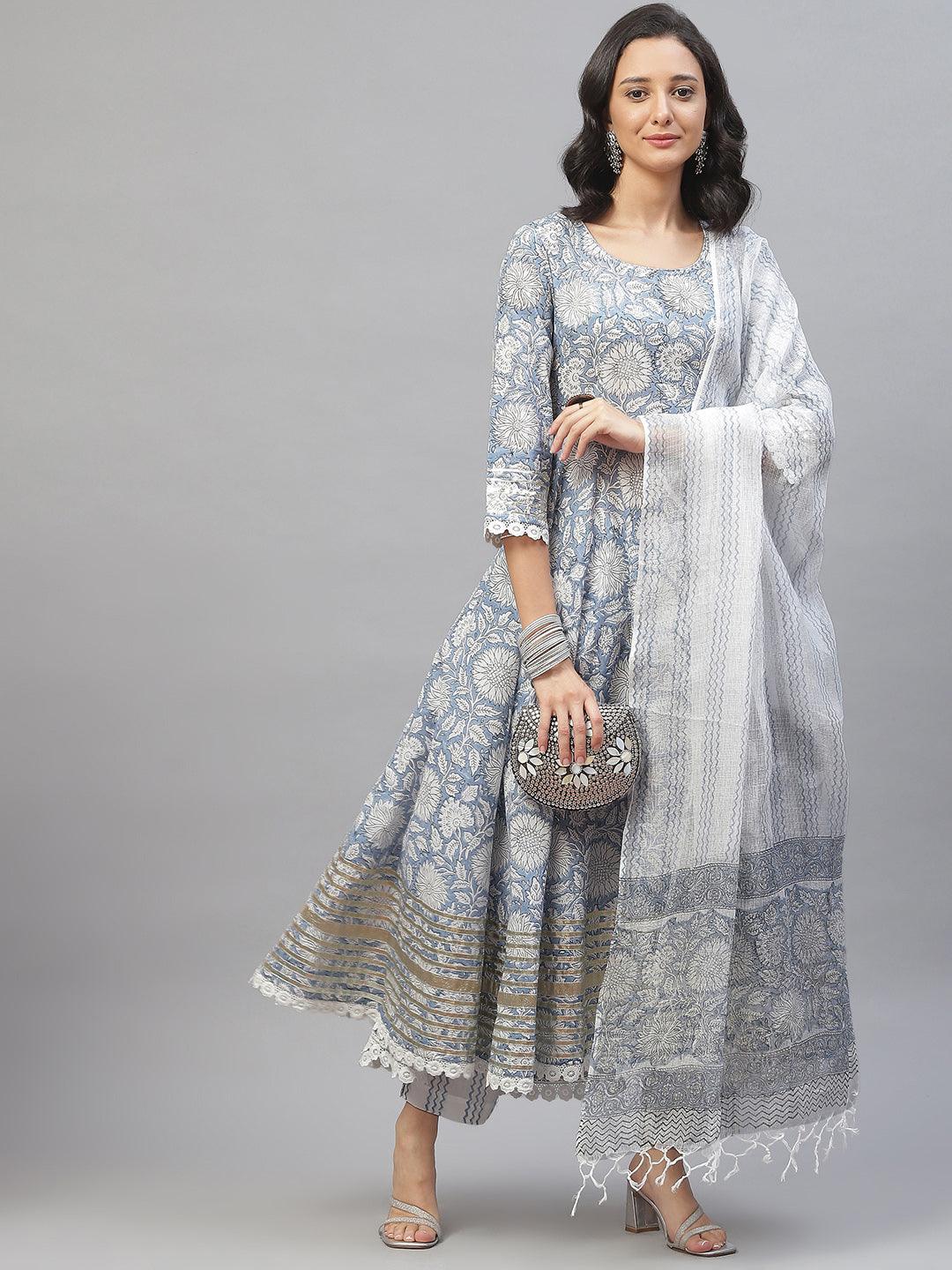 Sky-Blue-Cotton-Hand-Block-Printed-3-Piece-Anarkali-Set