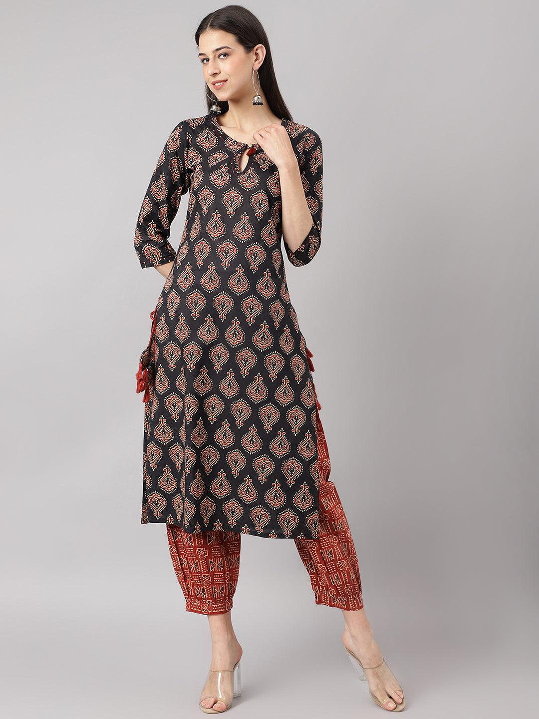 Black-&-Red-Pure-Cotton-Buti-Printed-2-Piece-Kurta-Set