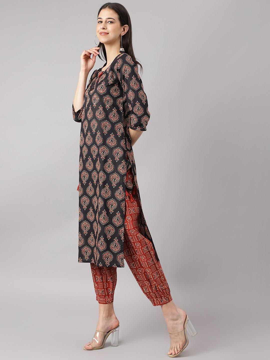 Black-&-Red-Pure-Cotton-Buti-Printed-2-Piece-Kurta-Set