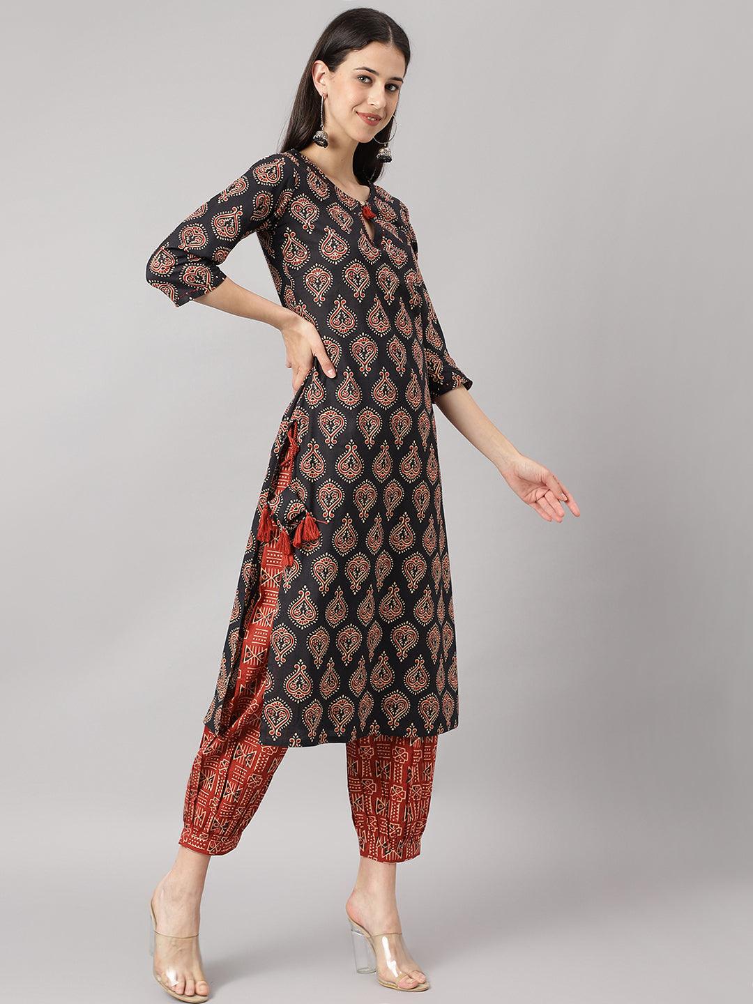 Black-&-Red-Pure-Cotton-Buti-Printed-2-Piece-Kurta-Set