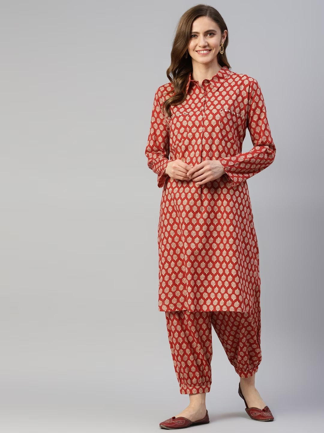 Maroon-Pure-Cotton-Shirt-Style-Co-Ord-Set