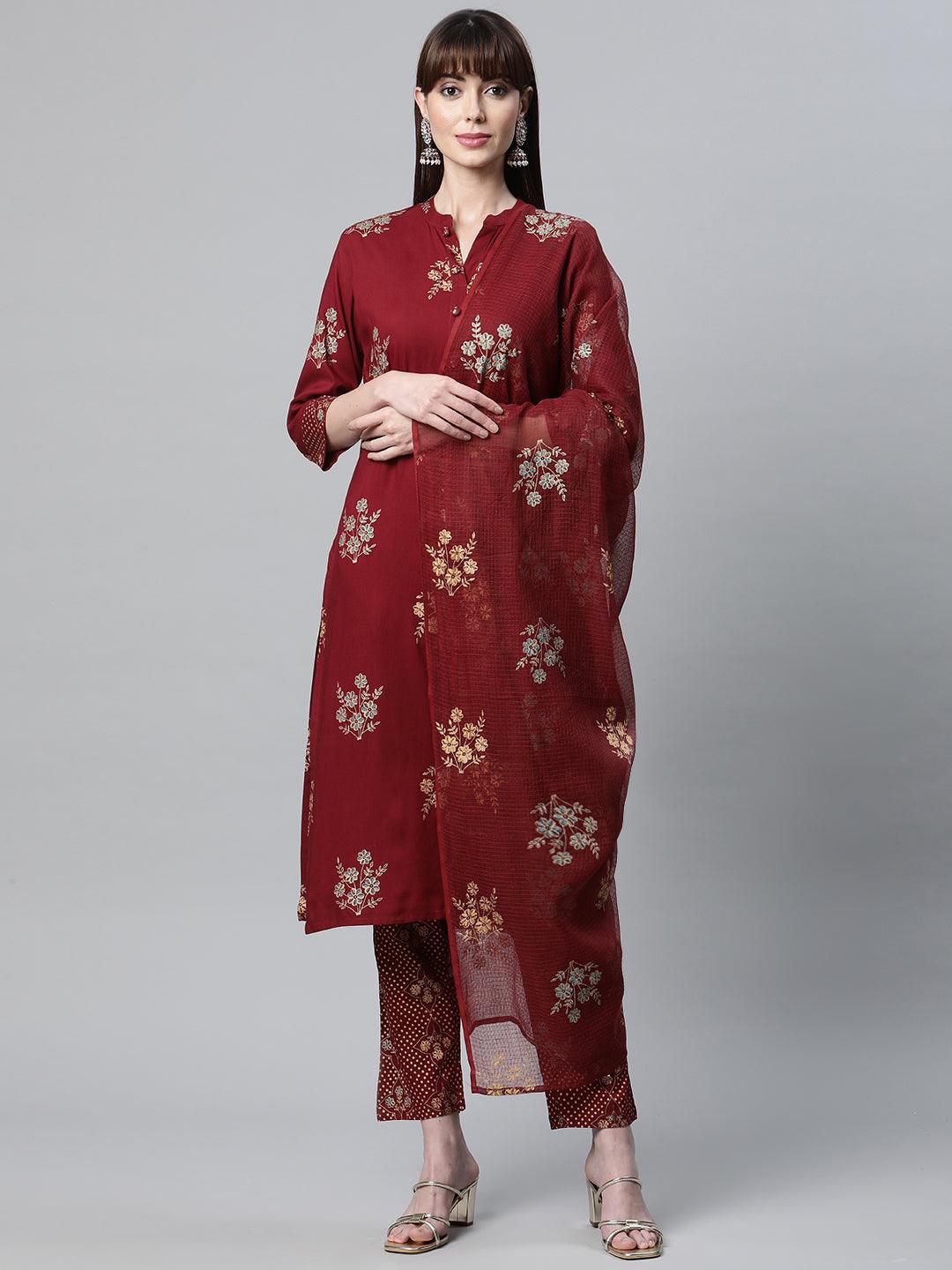 Maroon-Rayon-3-Piece-Kurta-Set