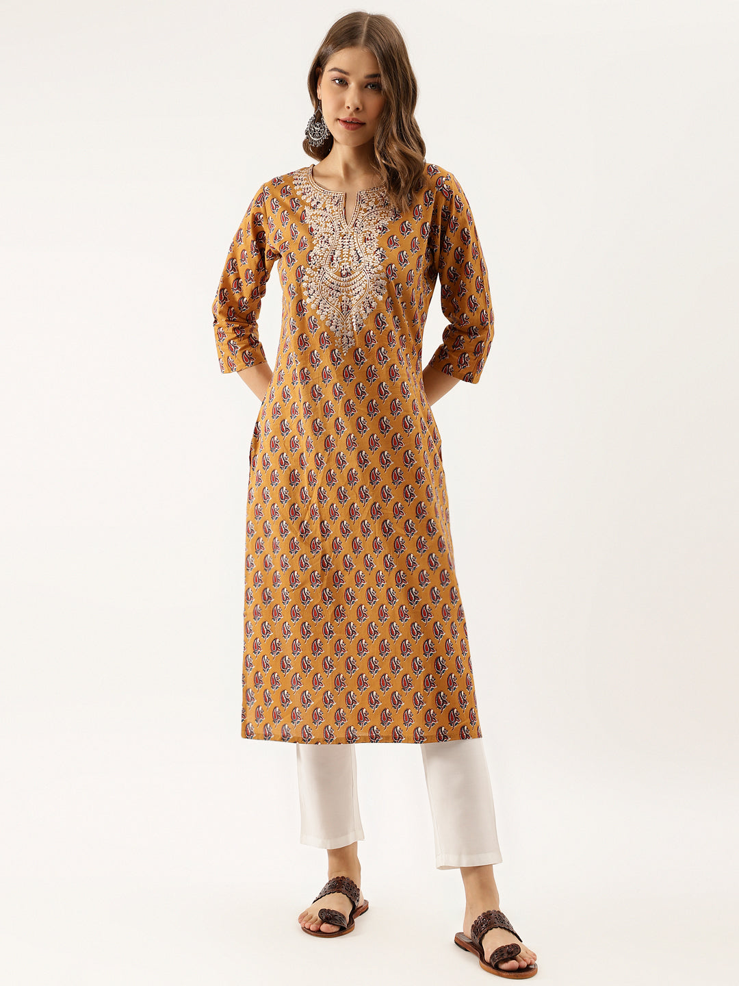 Mustard-Cotton-Floral-Printed-Zari-Work-Kurta