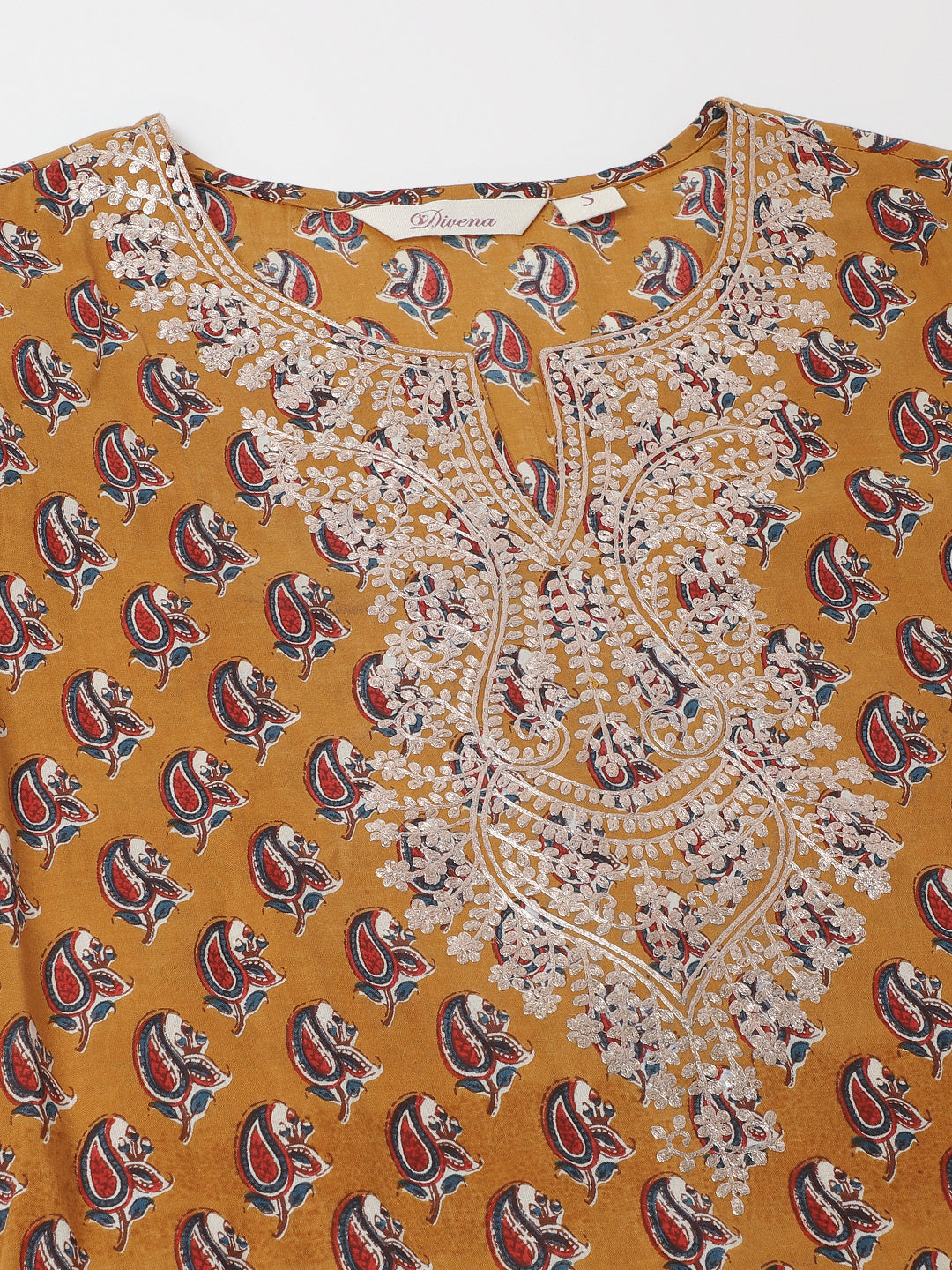 Mustard-Cotton-Floral-Printed-Zari-Work-Kurta