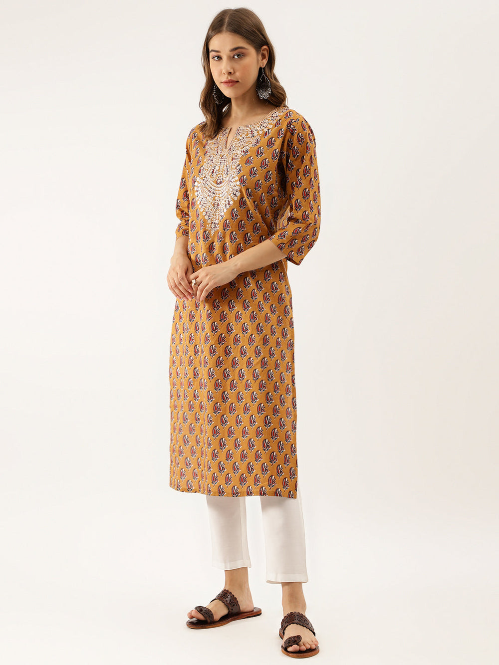 Mustard-Cotton-Floral-Printed-Zari-Work-Kurta