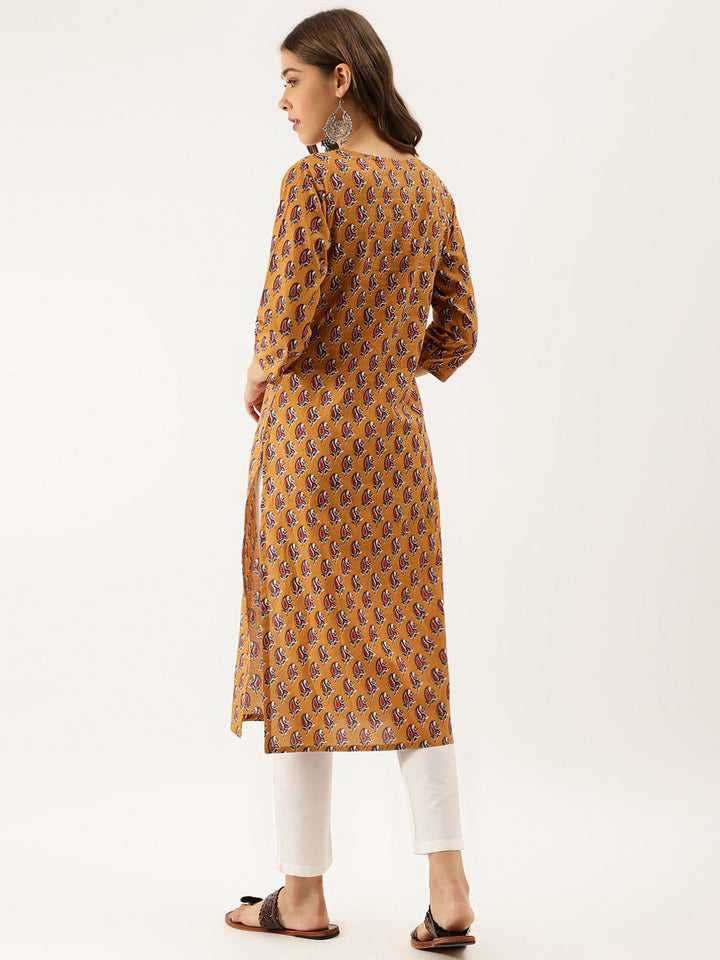 Mustard-Cotton-Floral-Printed-Zari-Work-Kurta