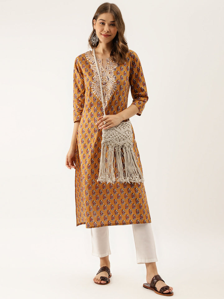 Mustard-Cotton-Floral-Printed-Zari-Work-Kurta