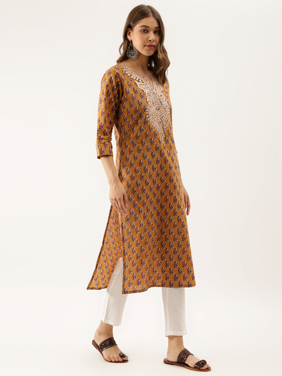 Mustard-Cotton-Floral-Printed-Zari-Work-Kurta