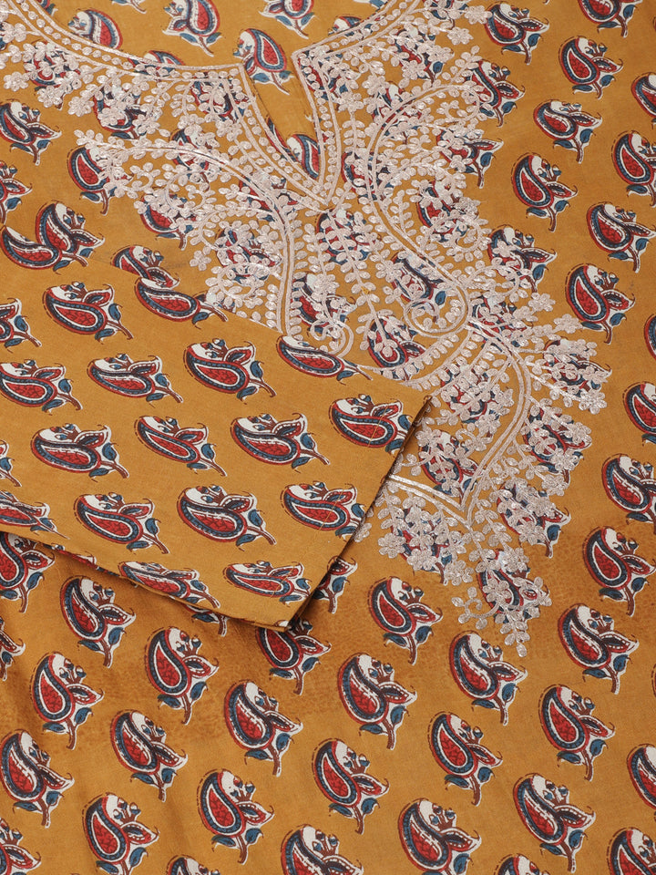 Mustard-Cotton-Floral-Printed-Zari-Work-Kurta