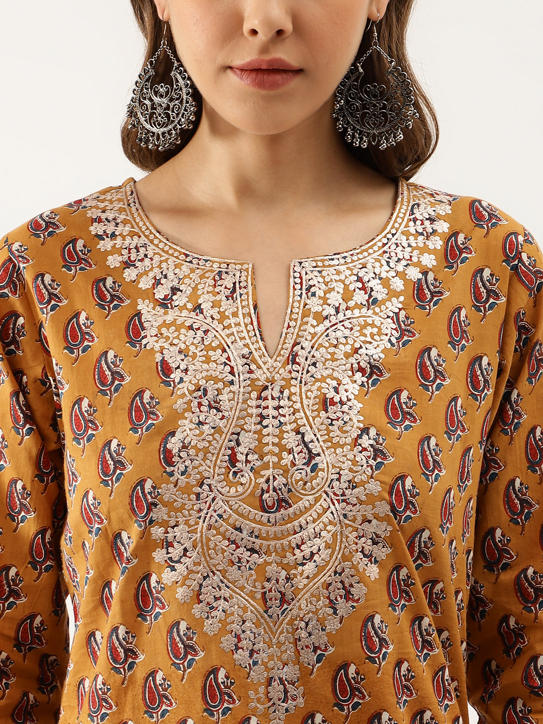 Mustard-Cotton-Floral-Printed-Zari-Work-Kurta