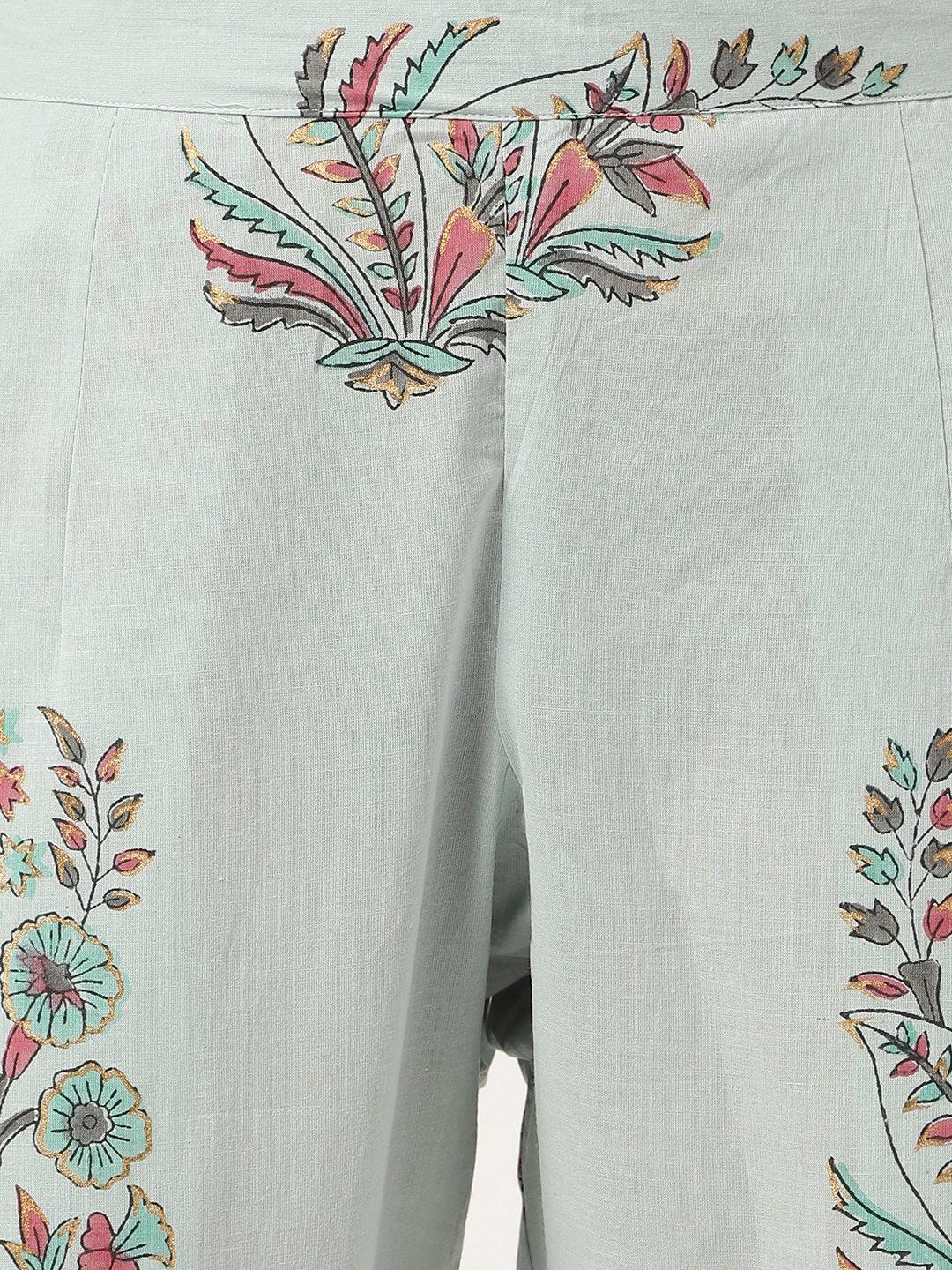 Sky-Blue-Cotton-Hand-Block-Straight-3-Piece-Kurta-Set