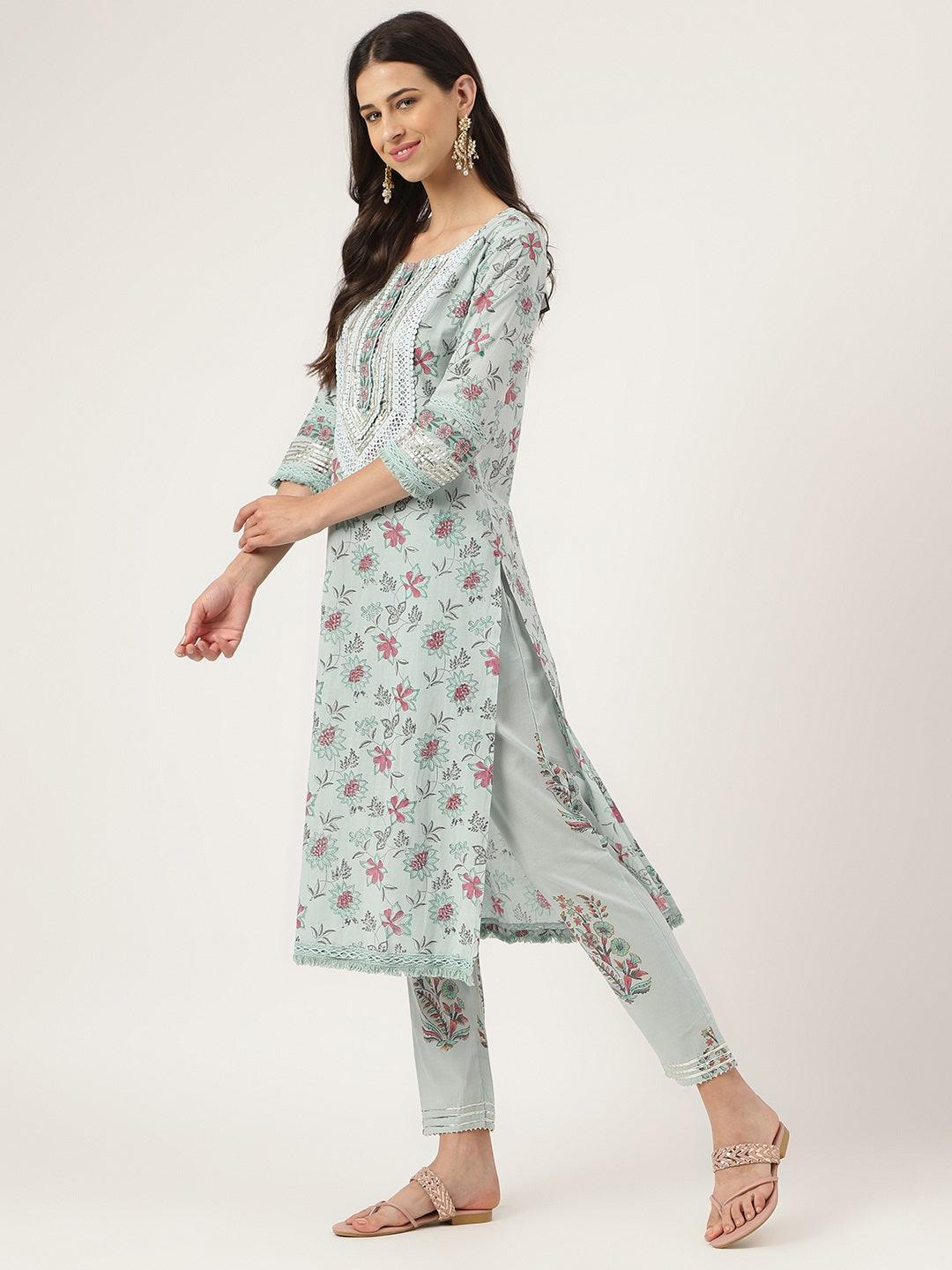 Sky-Blue-Cotton-Hand-Block-Straight-3-Piece-Kurta-Set