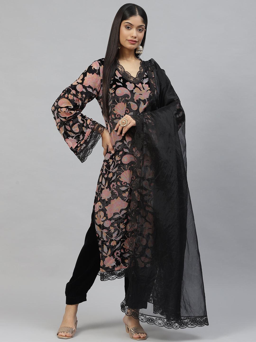 Black-Velvet-Floral-Shoulder-Strip-Long-Dress