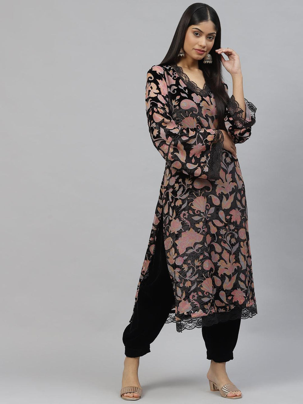 Black-Velvet-Floral-Shoulder-Strip-Long-Dress
