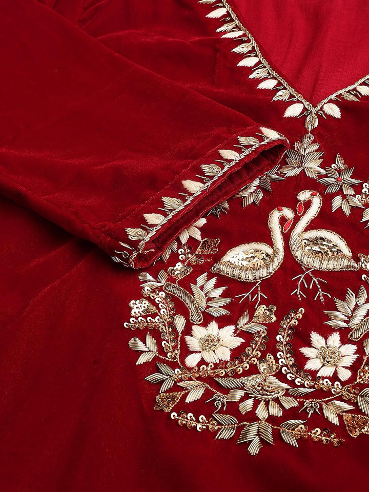 Maroon-Velvet-Solid-Hand-Work-3-Piece-Kurta-Set