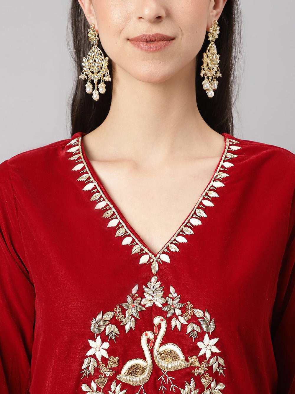 Maroon-Velvet-Solid-Hand-Work-3-Piece-Kurta-Set