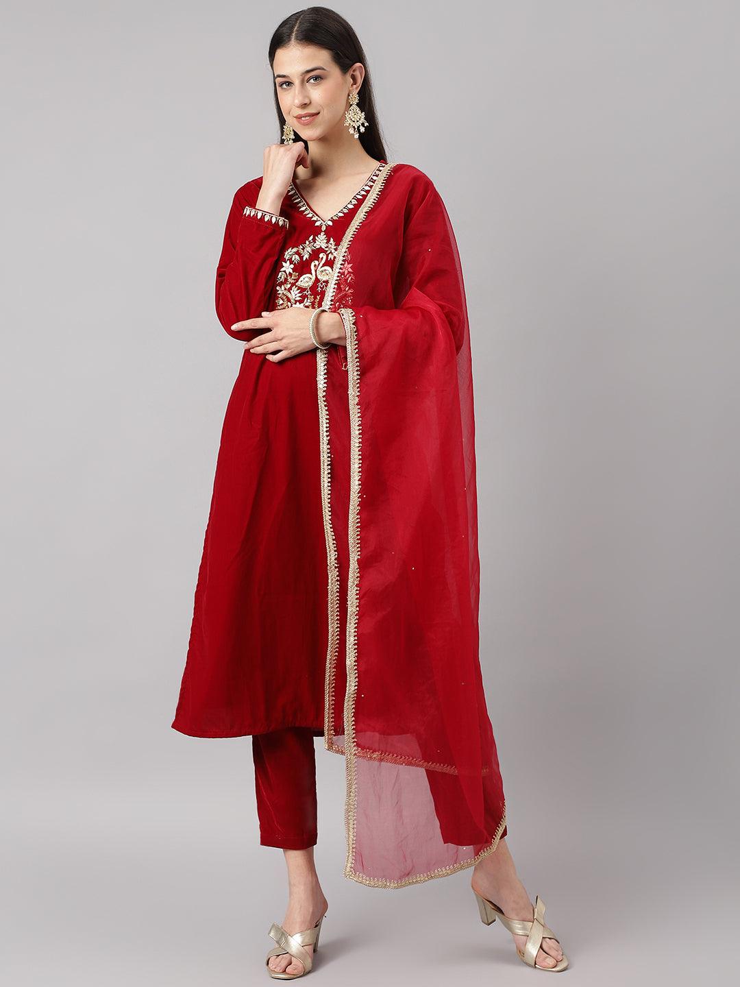 Maroon-Velvet-Solid-Hand-Work-3-Piece-Kurta-Set