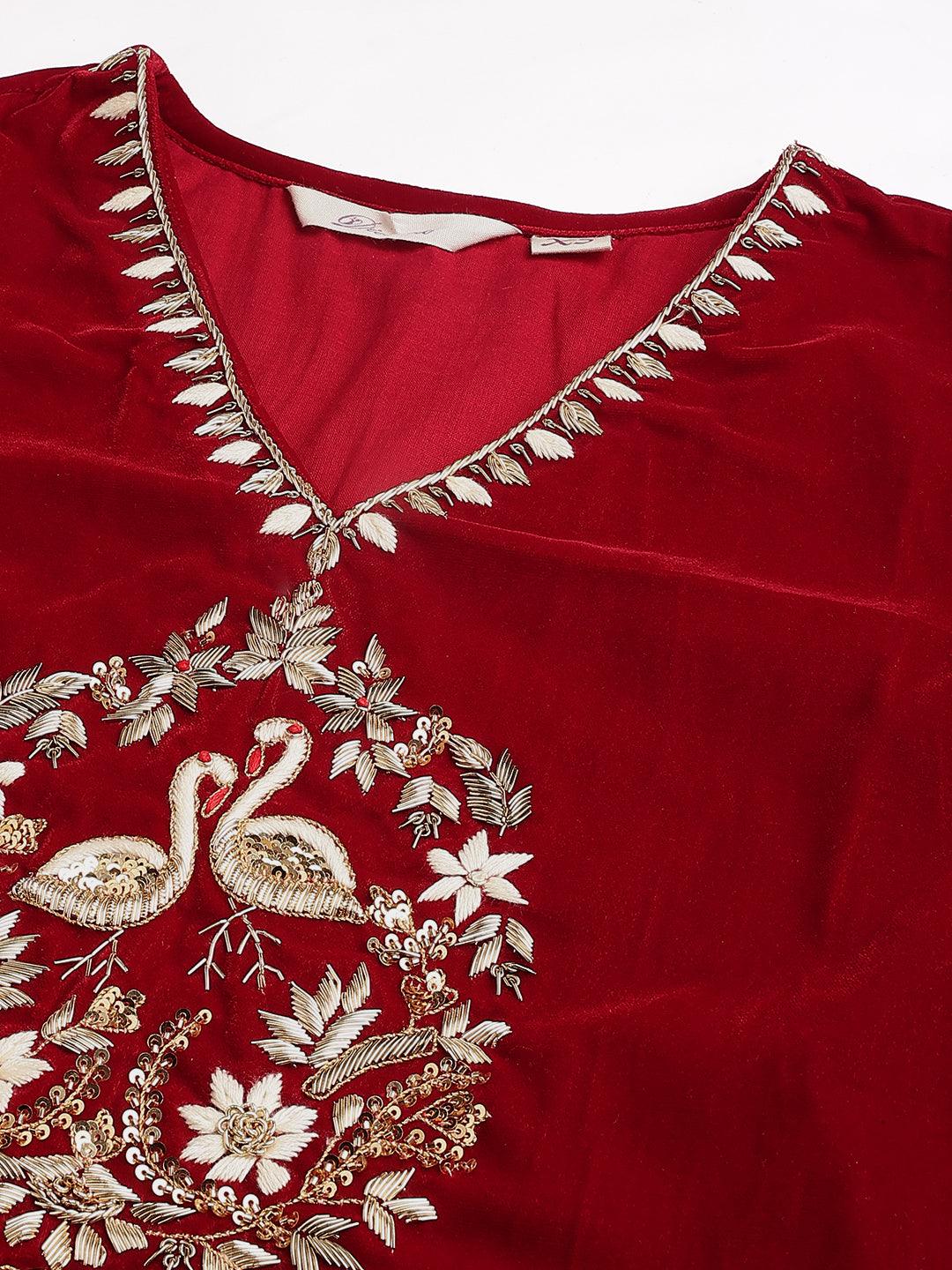 Maroon-Velvet-Solid-Hand-Work-3-Piece-Kurta-Set