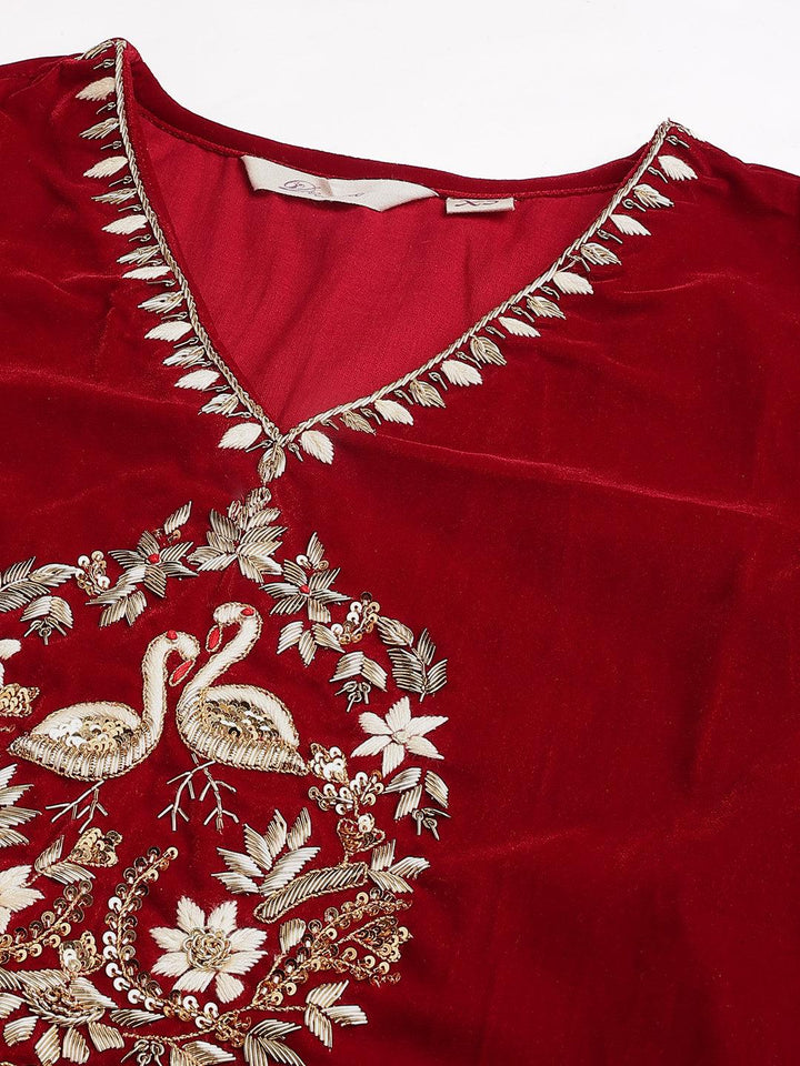 Maroon-Velvet-Solid-Hand-Work-3-Piece-Kurta-Set
