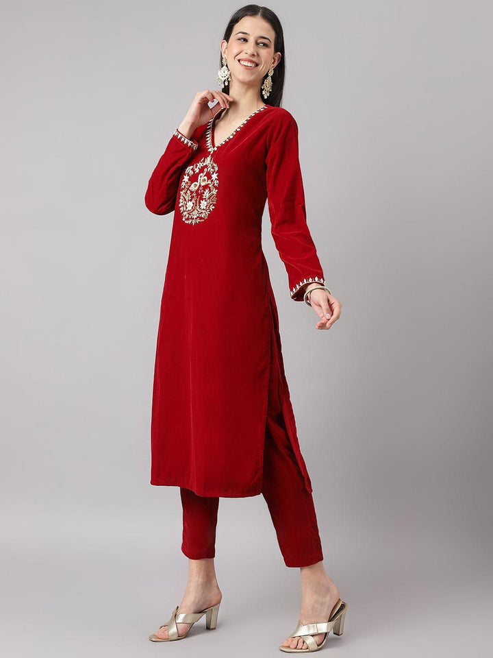 Maroon-Velvet-Solid-Hand-Work-3-Piece-Kurta-Set