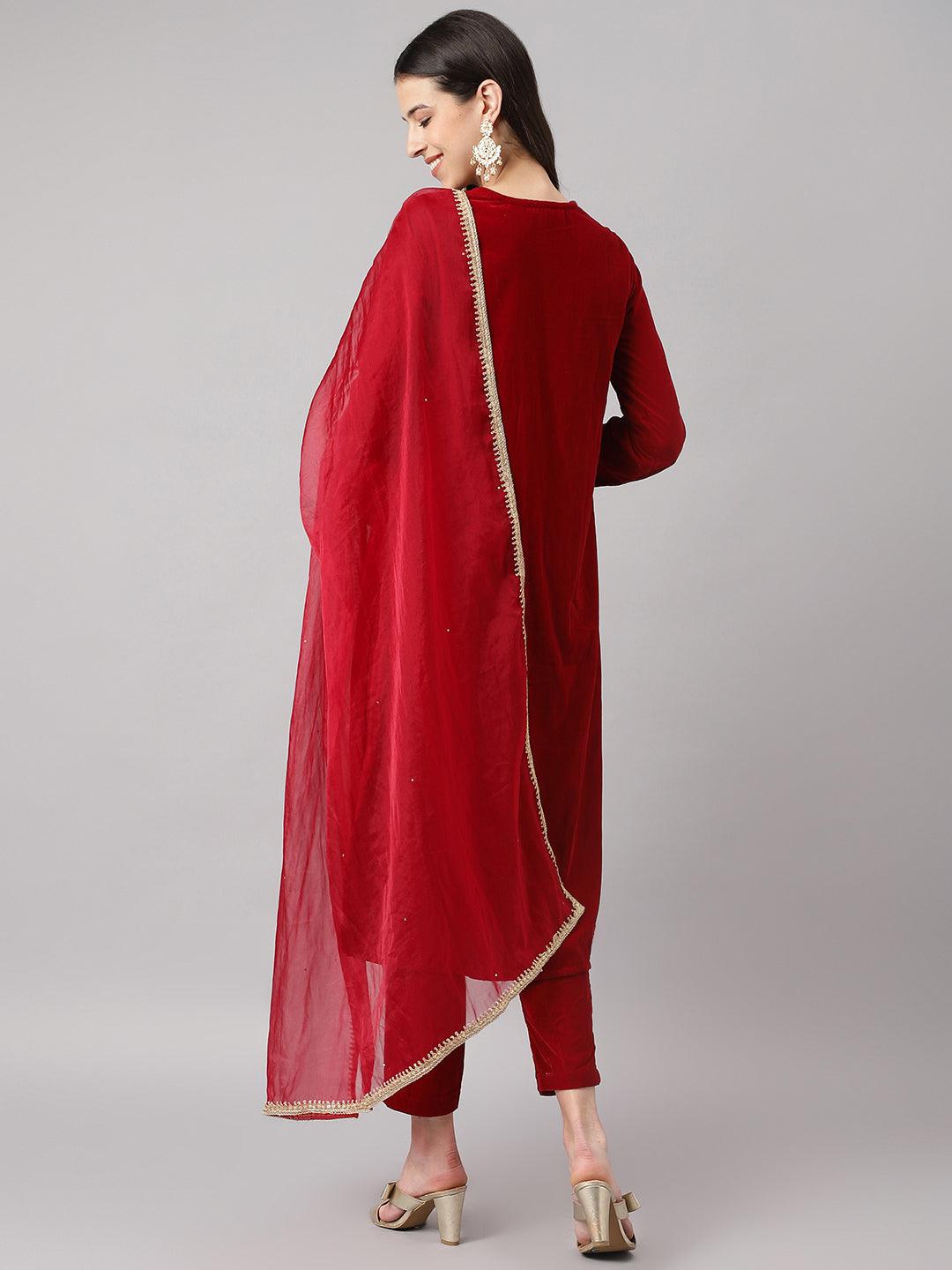 Maroon-Velvet-Solid-Hand-Work-3-Piece-Kurta-Set