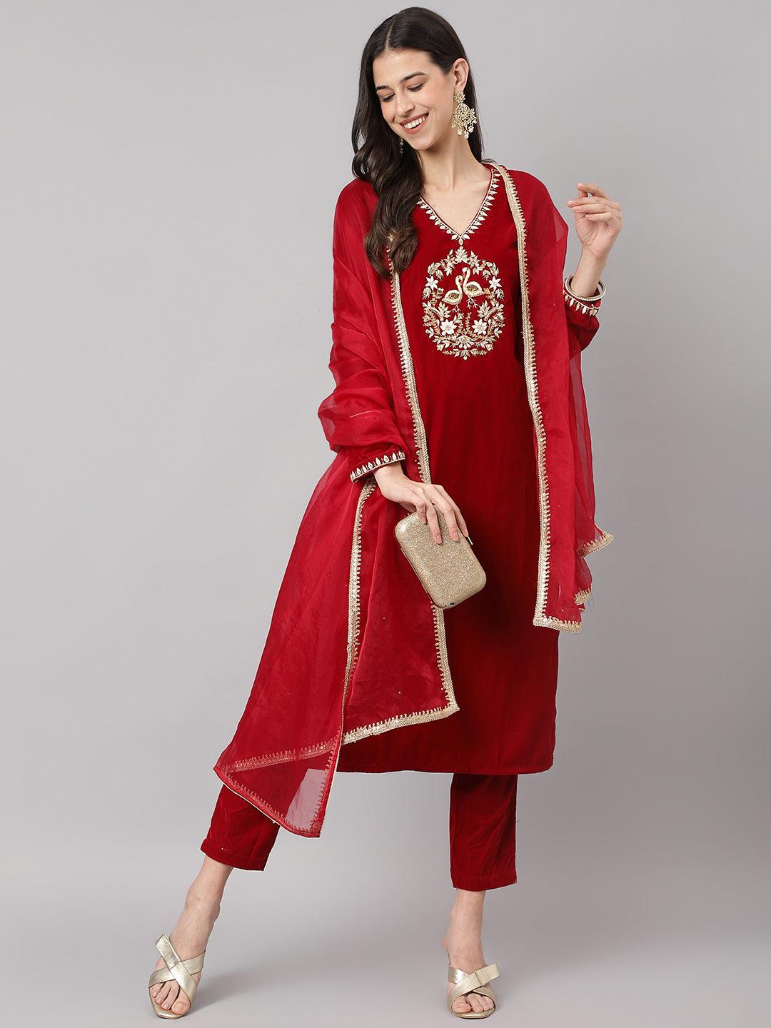 Maroon-Velvet-Solid-Hand-Work-3-Piece-Kurta-Set