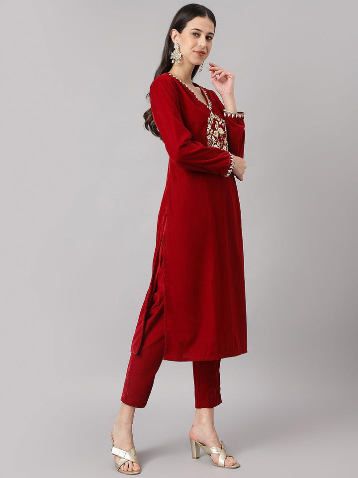 Maroon-Velvet-Solid-Hand-Work-3-Piece-Kurta-Set