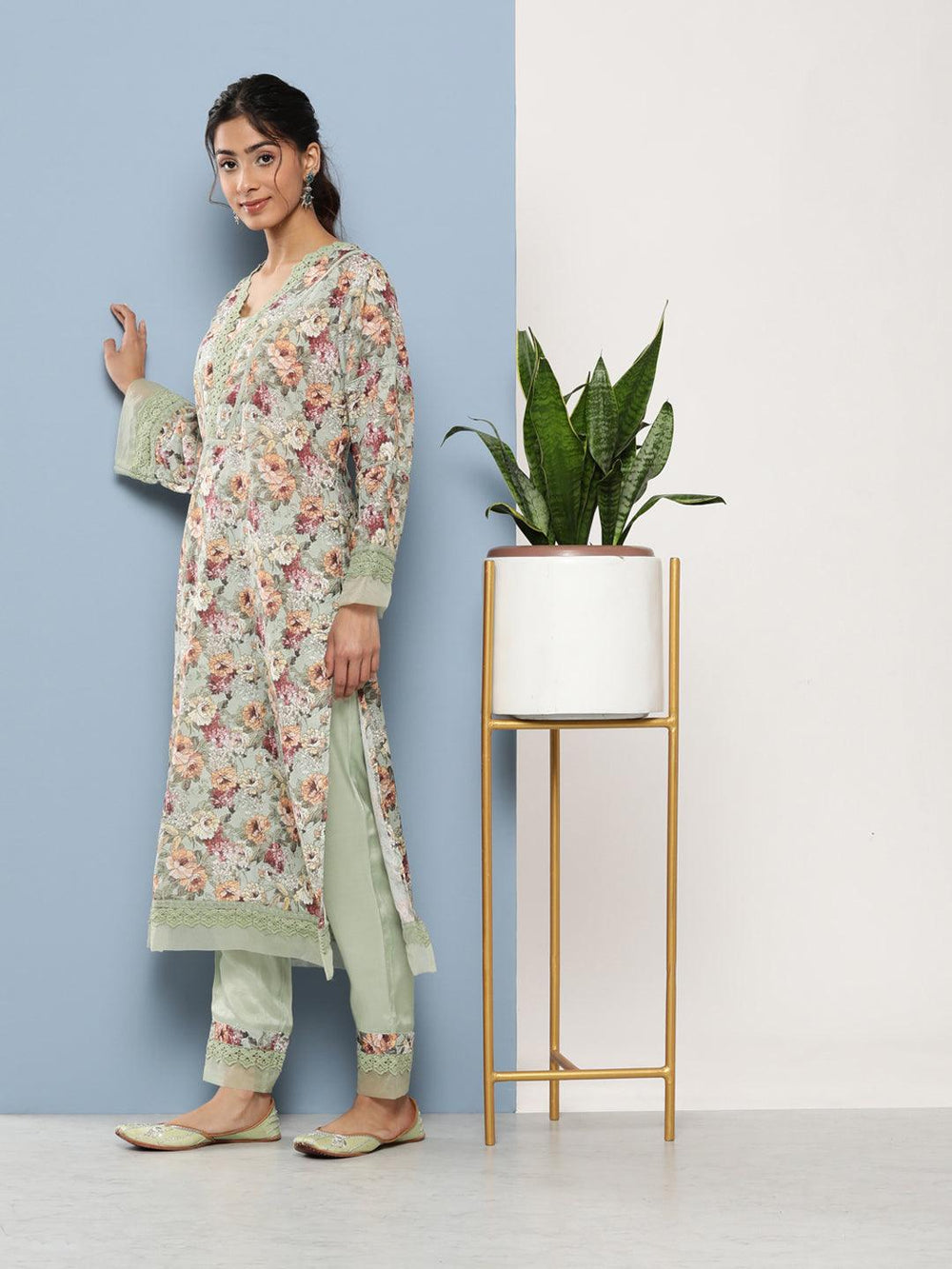 Green-&-Blue-Poly-Chanderi-Printed-3-Piece-Kurta-Set