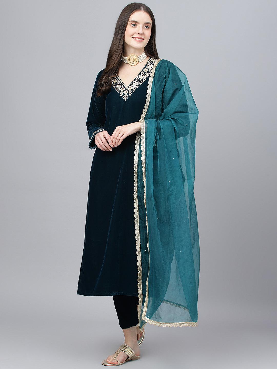 Teal-Green-Velvet-Hand-Work-3-Piece-Kurta-Set