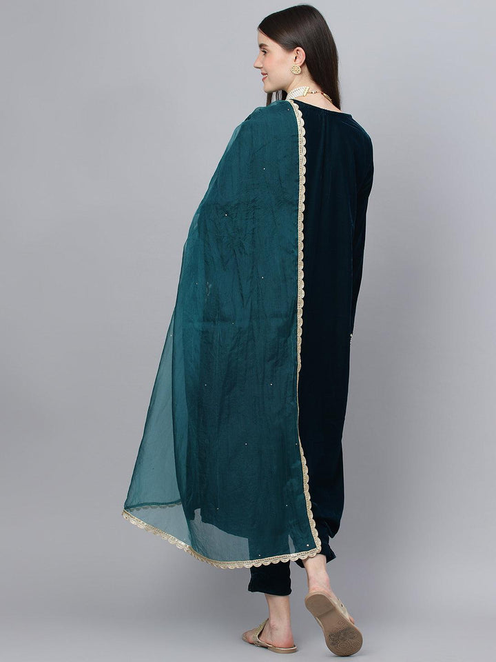 Teal-Green-Velvet-Hand-Work-3-Piece-Kurta-Set