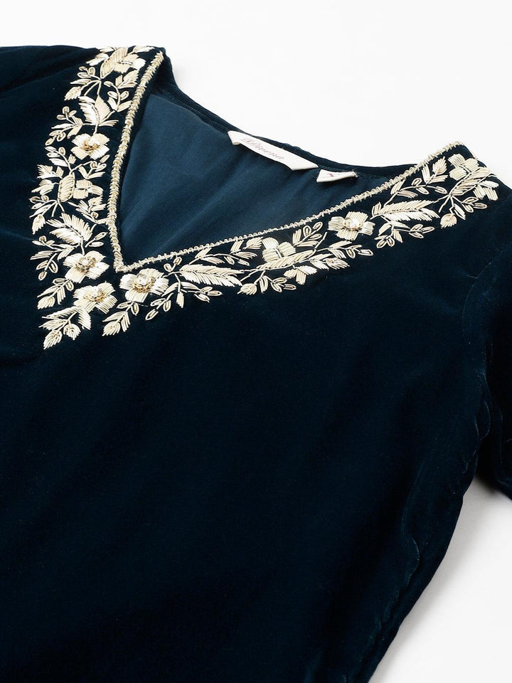 Teal-Green-Velvet-Hand-Work-3-Piece-Kurta-Set