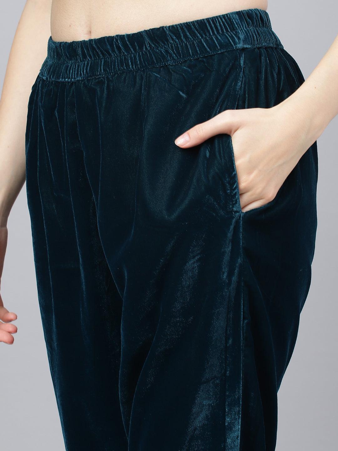 Teal-Green-Velvet-Hand-Work-3-Piece-Kurta-Set