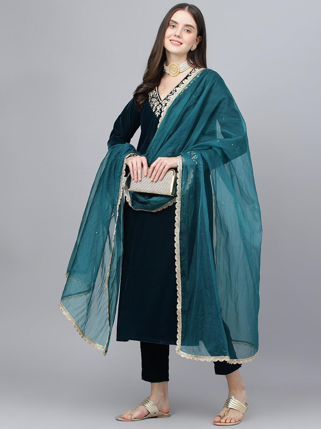 Teal-Green-Velvet-Hand-Work-3-Piece-Kurta-Set