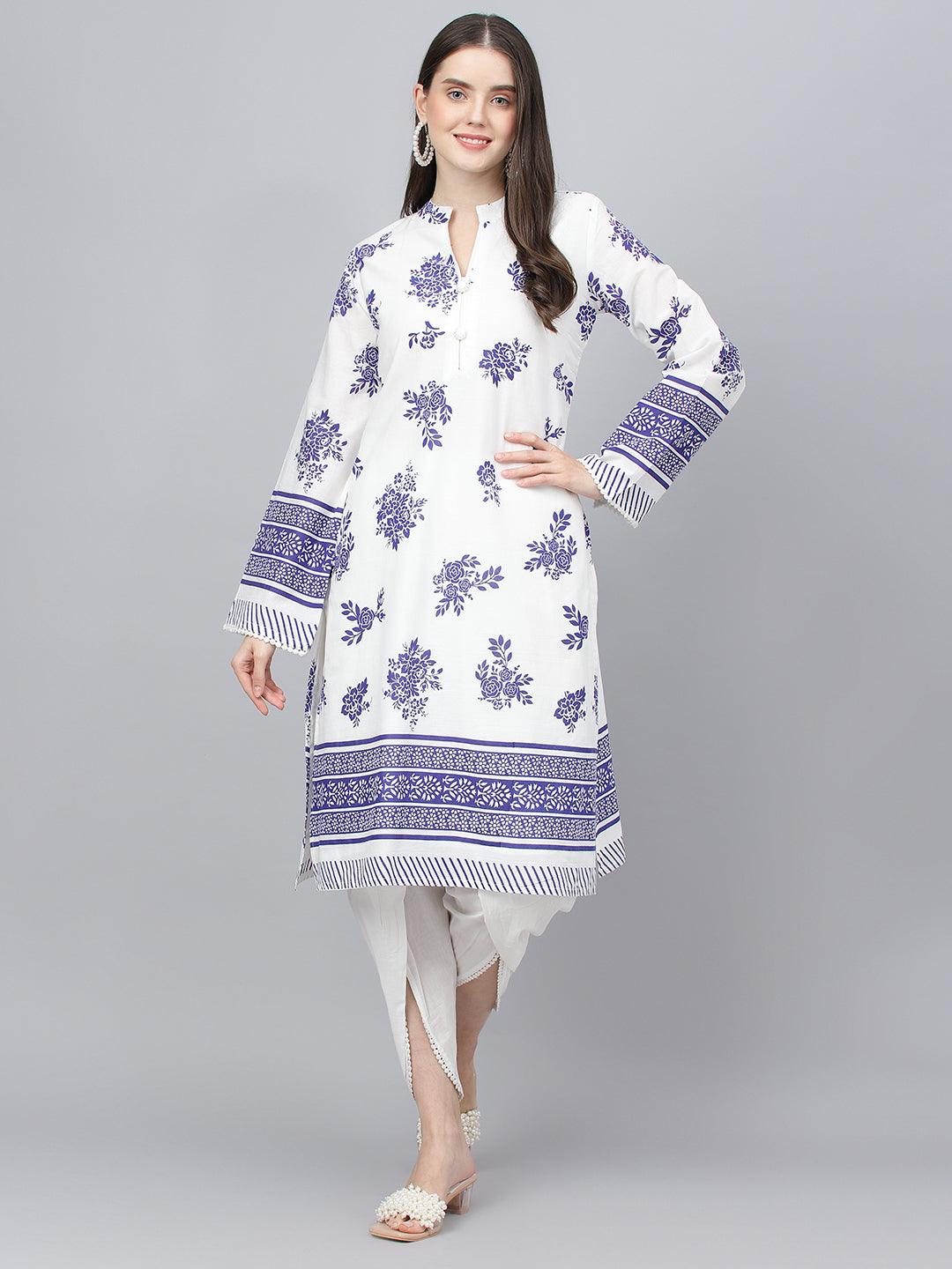 White-&-Blue-Pure-Cotton-Floral-Printed-Straight-2-Piece-Kurta-Set