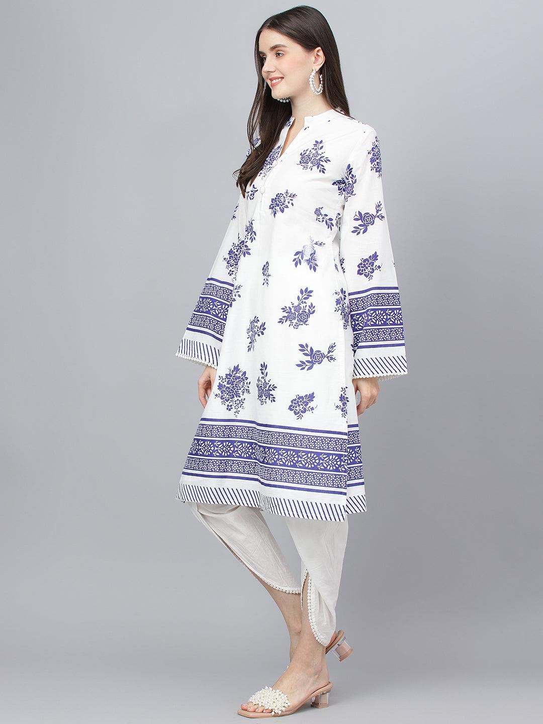 White-&-Blue-Pure-Cotton-Floral-Printed-Straight-2-Piece-Kurta-Set