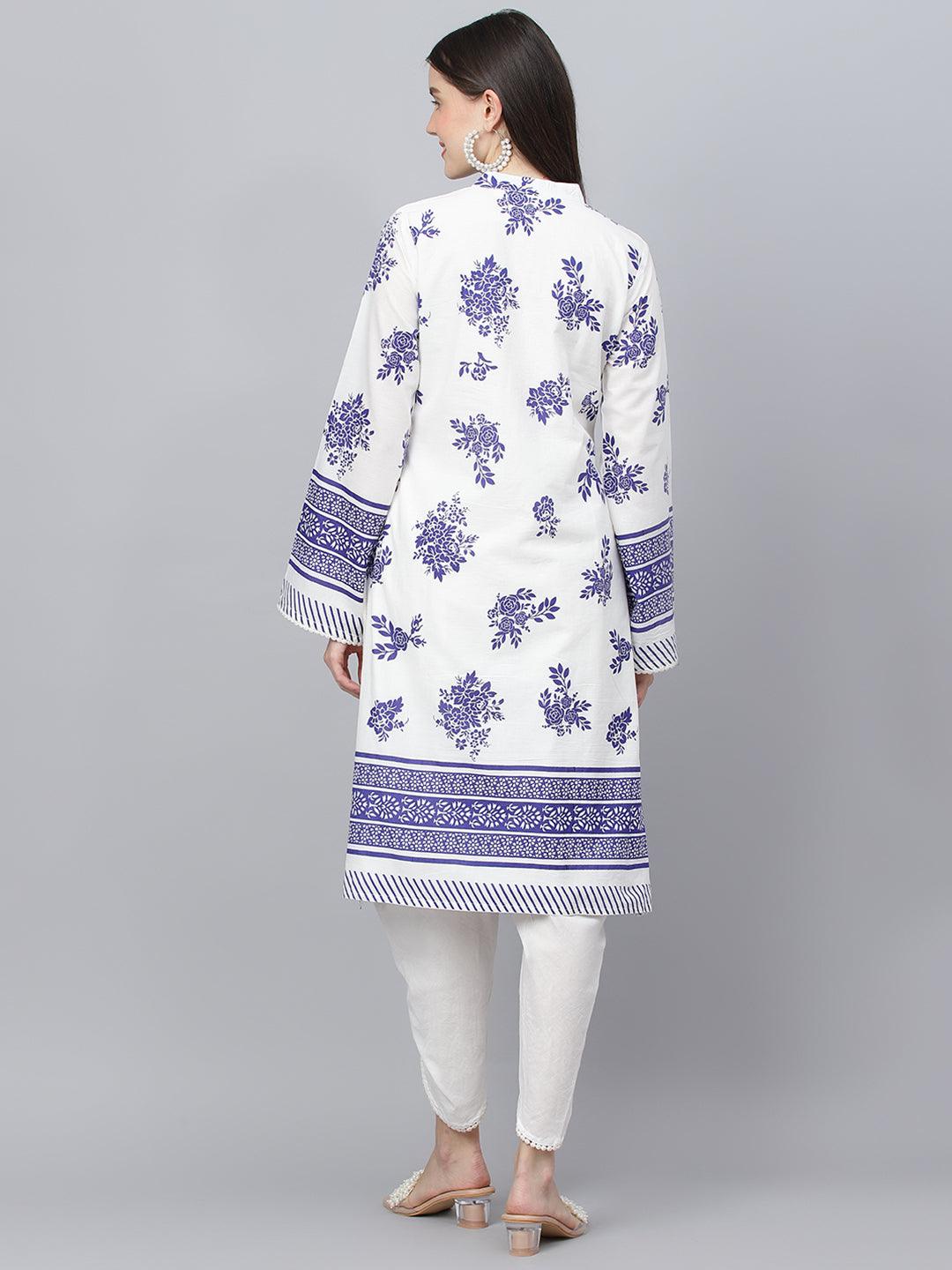 White-&-Blue-Pure-Cotton-Floral-Printed-Straight-2-Piece-Kurta-Set