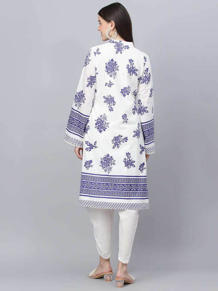 White-&-Blue-Pure-Cotton-Floral-Printed-Straight-2-Piece-Kurta-Set