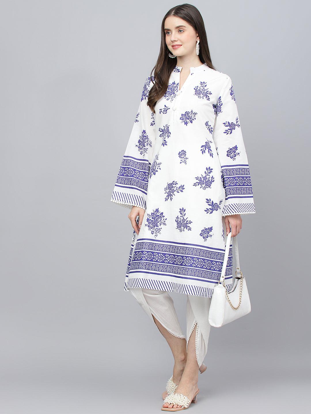 White-&-Blue-Pure-Cotton-Floral-Printed-Straight-2-Piece-Kurta-Set