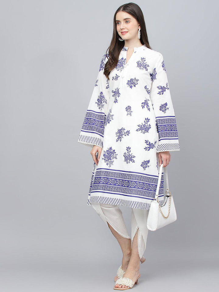 White-&-Blue-Pure-Cotton-Floral-Printed-Straight-2-Piece-Kurta-Set