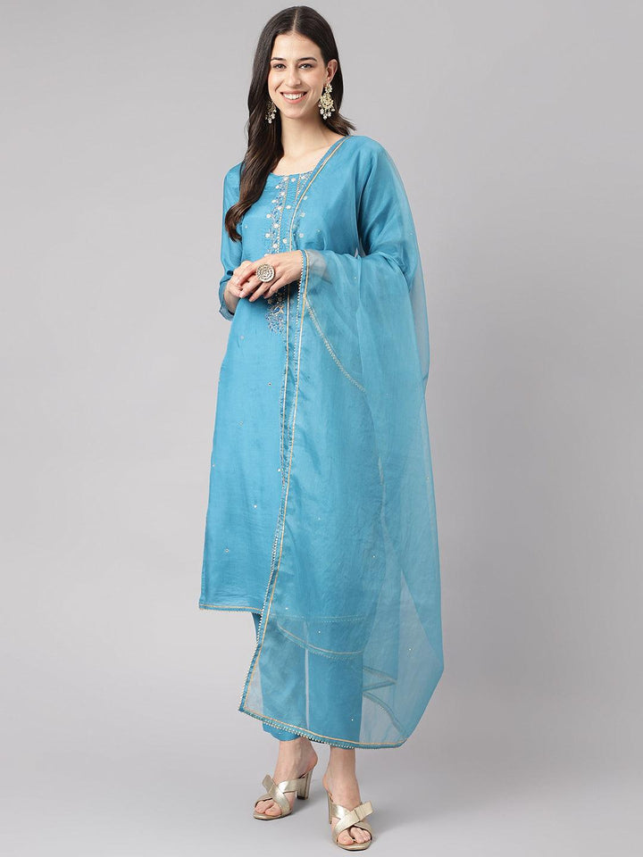 Teal-Blue-Muslin-Embroidery-3-Piece-Kurta-Set