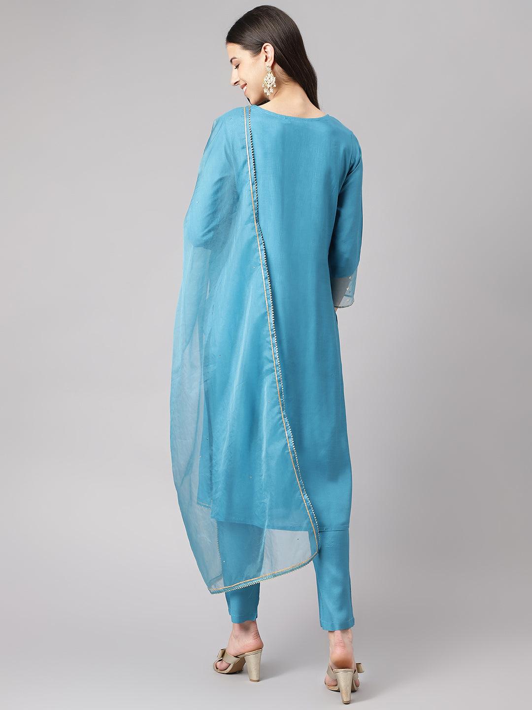 Teal-Blue-Muslin-Embroidery-3-Piece-Kurta-Set