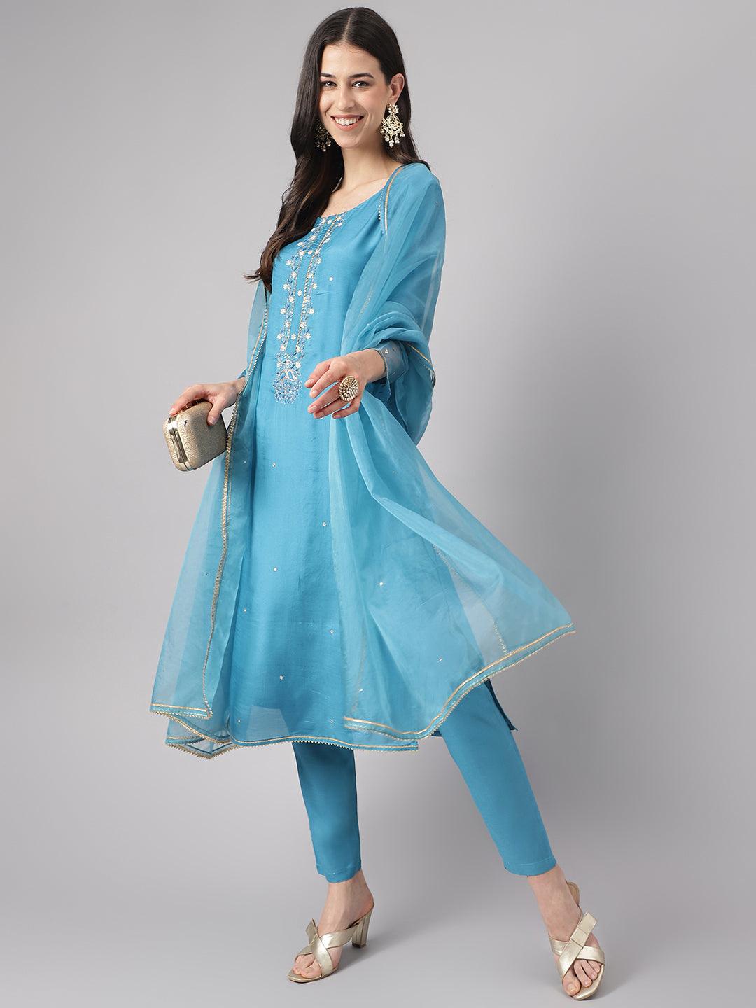 Teal-Blue-Muslin-Embroidery-3-Piece-Kurta-Set