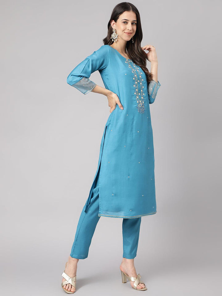 Teal-Blue-Muslin-Embroidery-3-Piece-Kurta-Set
