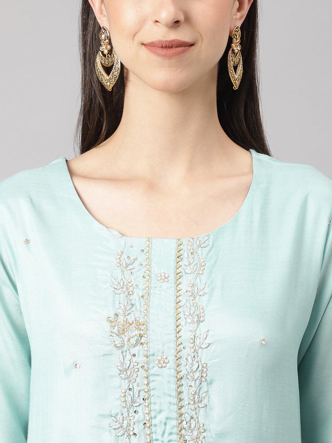 Sea-Green-Muslin-3-Piece-Kurta-Set-With-Organza-Dupatta