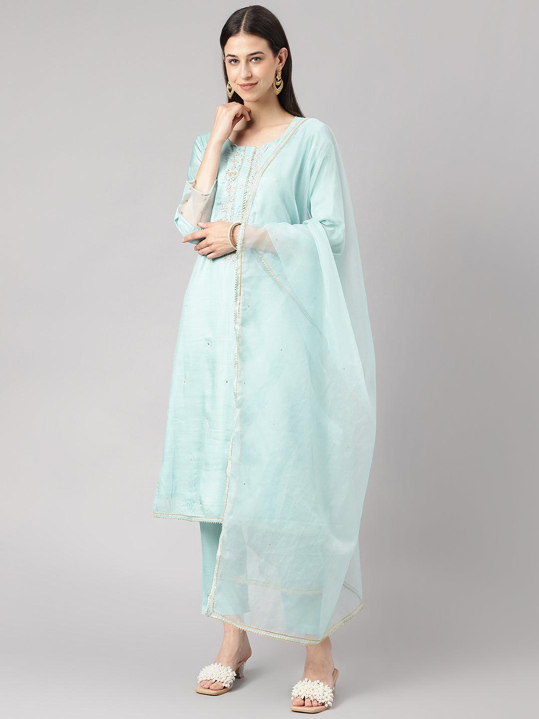 Sea-Green-Muslin-3-Piece-Kurta-Set-With-Organza-Dupatta