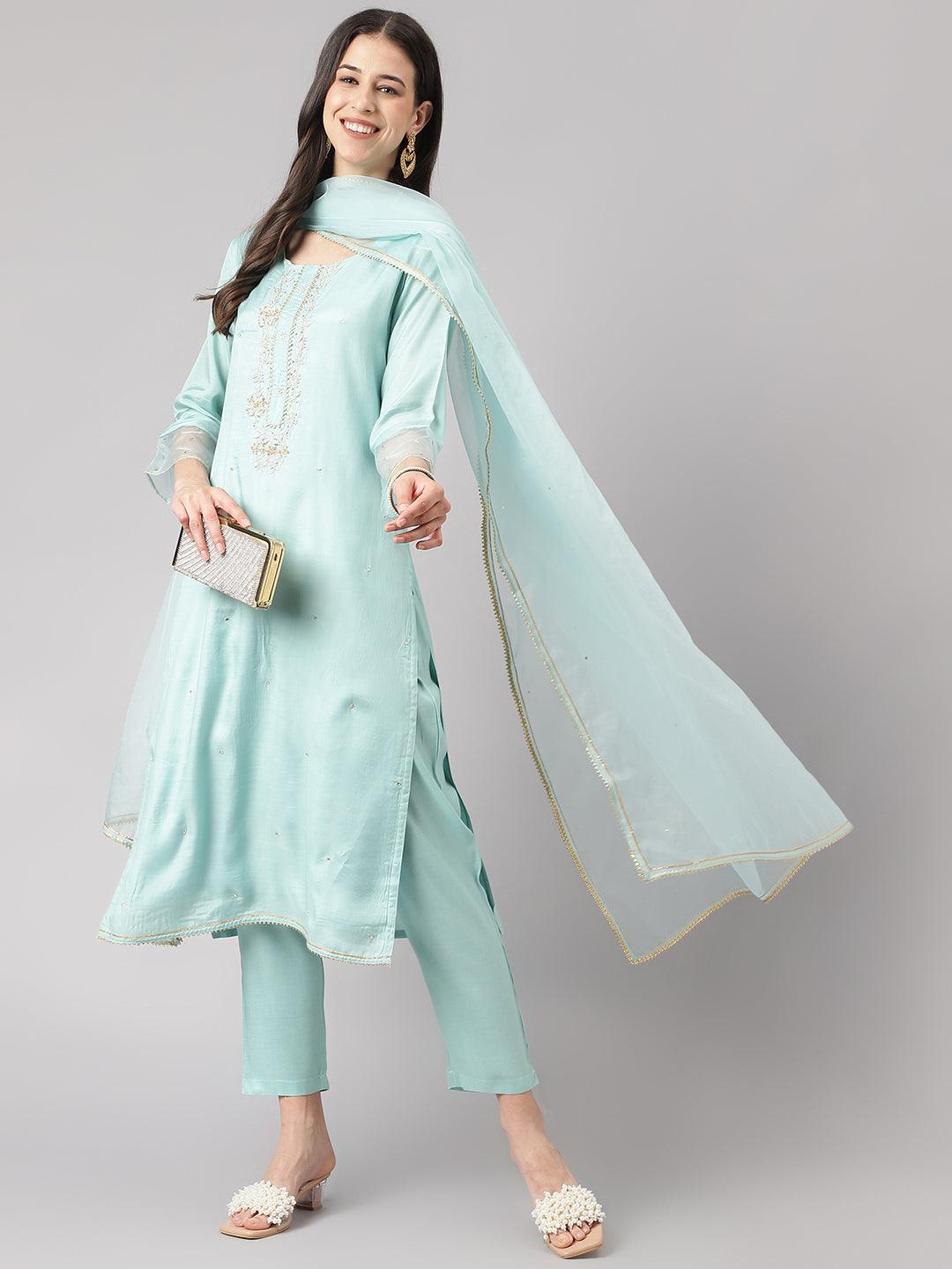 Sea-Green-Muslin-3-Piece-Kurta-Set-With-Organza-Dupatta